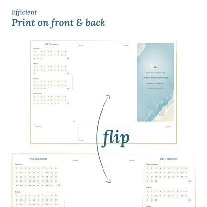 Calendar design with a lake map illustration and text indicating efficient printing on front and back of the A4 page Personal size for 6 ring binder.