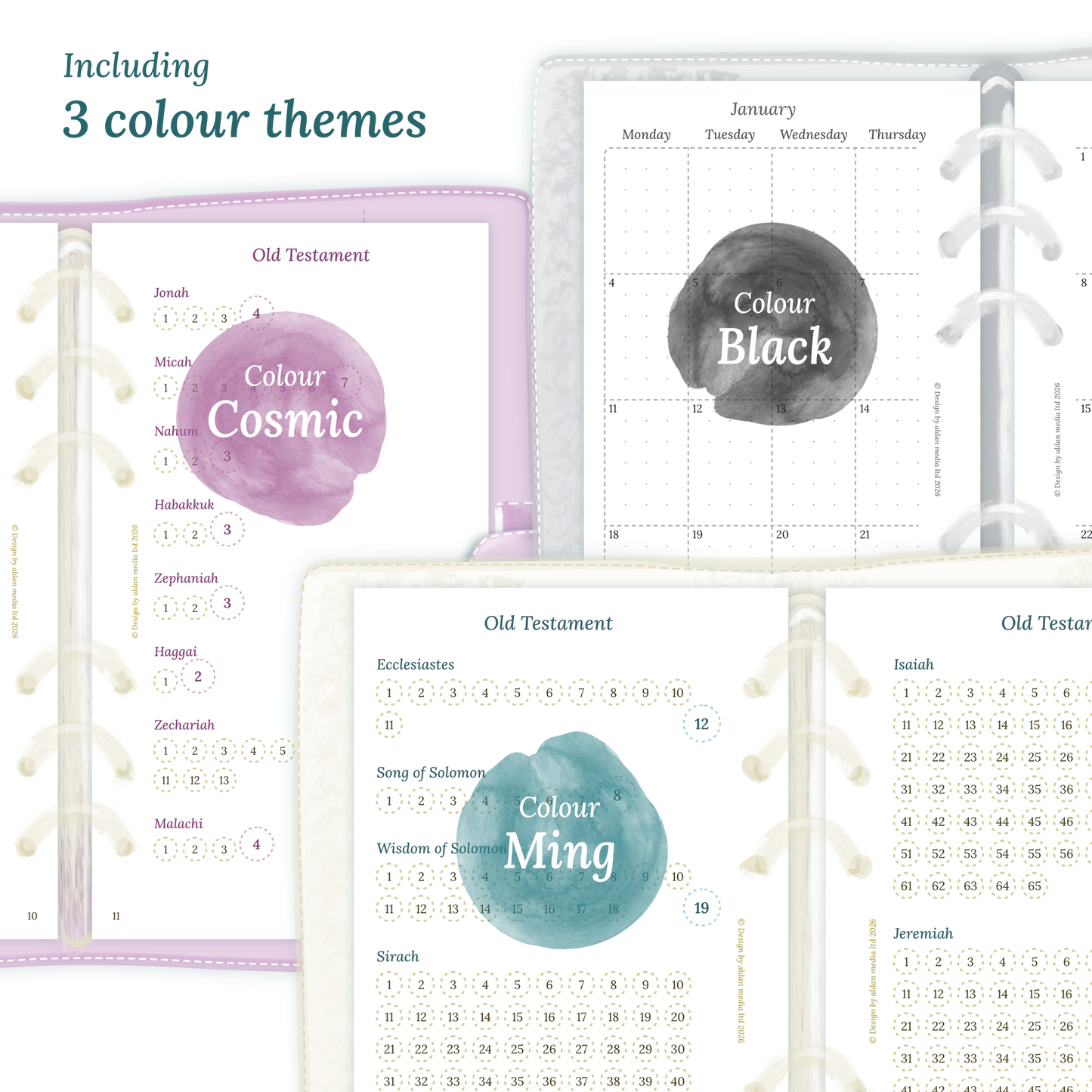 Three colour variants of the Catholic Bible study kit designs with colour themes 'Cosmic', 'Black', and 'Ming' displayed to show how they look like on the modules Catholic Bible journey map and M2P Month on 2 pages in Personal size for 6 ring planner.