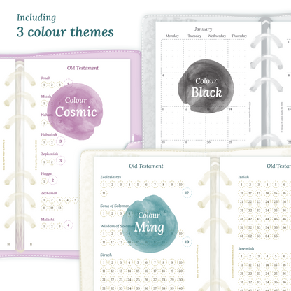 Three colour variants of the Catholic Bible study kit designs with colour themes 'Cosmic', 'Black', and 'Ming' displayed to show how they look like on the modules Catholic Bible journey map and M2P Month on 2 pages in Personal size for 6 ring planner.