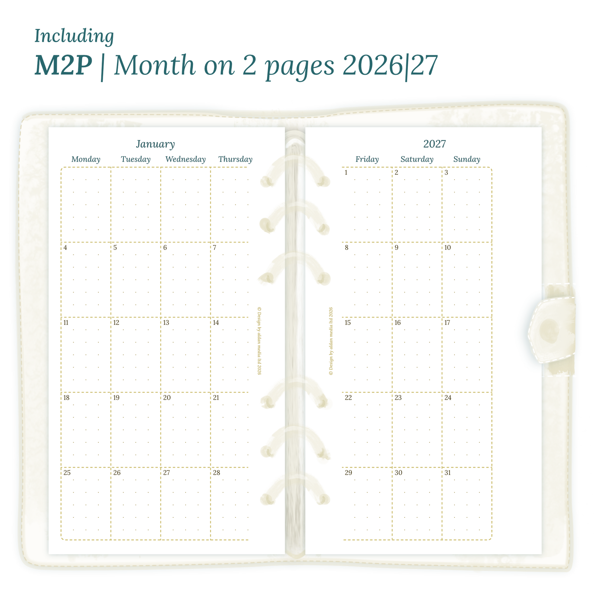 Open planner showing details of the PDF printable planner inserts module M2P month on 2 pages for January 2026 till December 2027 in Personal size for 6 ring planner.