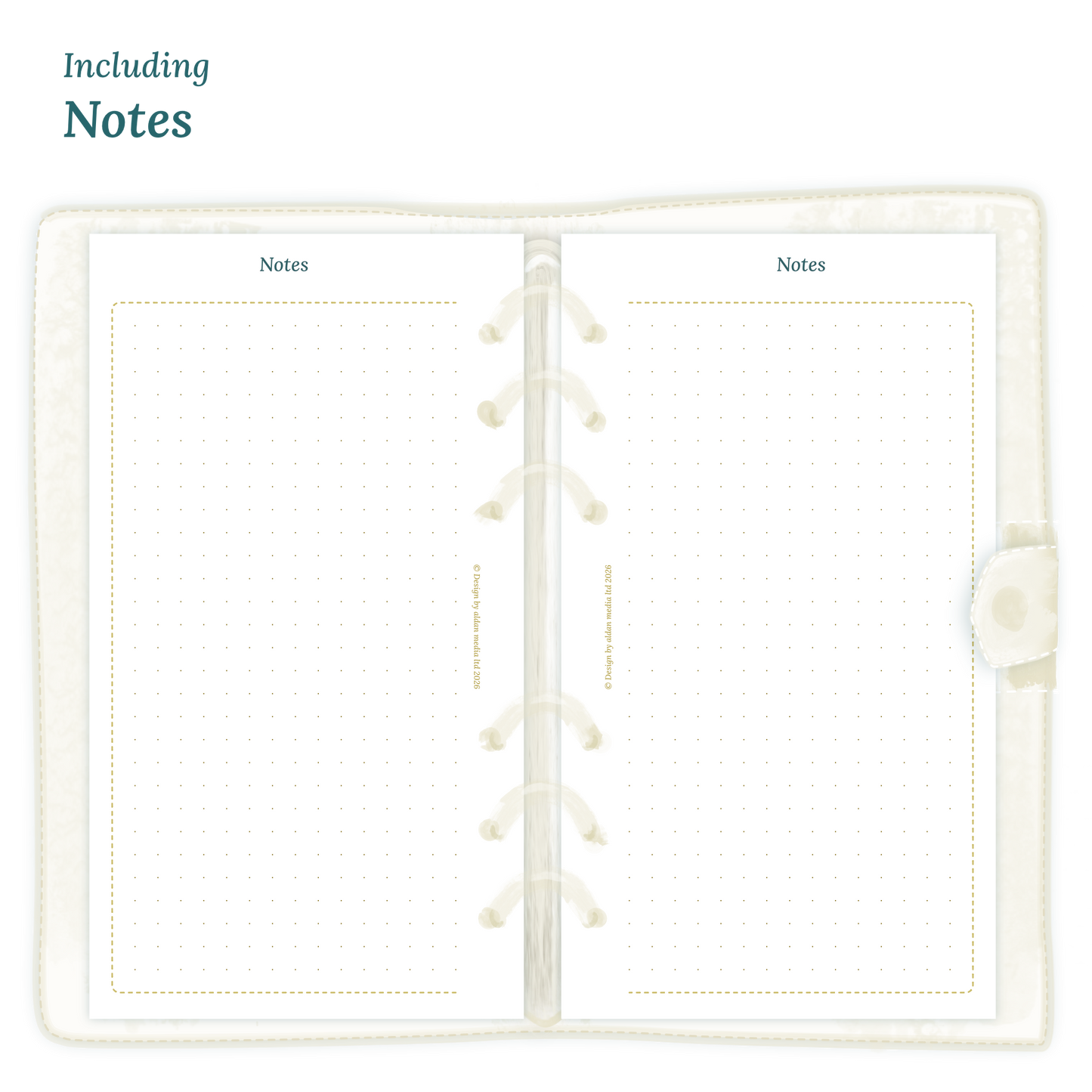Open planner showing details of the PDF printable planner inserts module Notes for 2027 in Personal size for 6 ring planner.