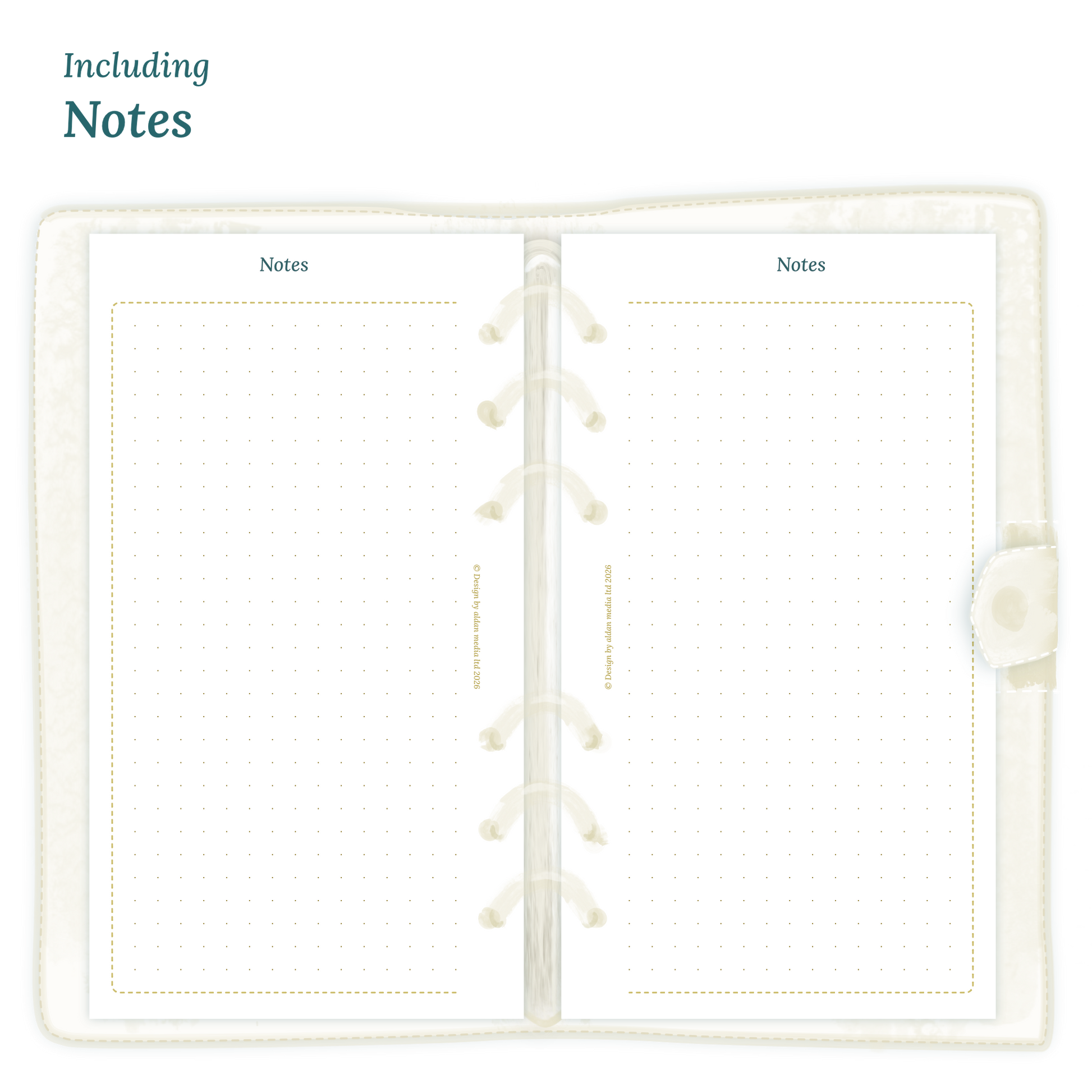 Open planner showing details of the PDF printable planner inserts module Notes for 2027 in Personal size for 6 ring planner.