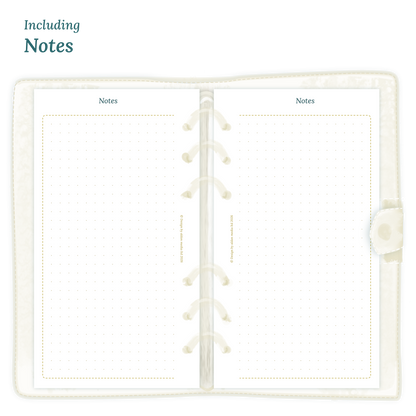 Open planner showing details of the PDF printable planner inserts module Notes for 2027 in Personal size for 6 ring planner.