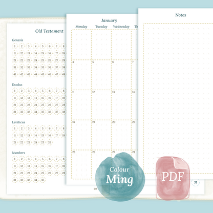 Examples featuring the PDF printable Catholic Bible study kit inserts modules Catholic Bible journey map, M2P Month on 2 pages and Notes in the colour Ming/Blue.