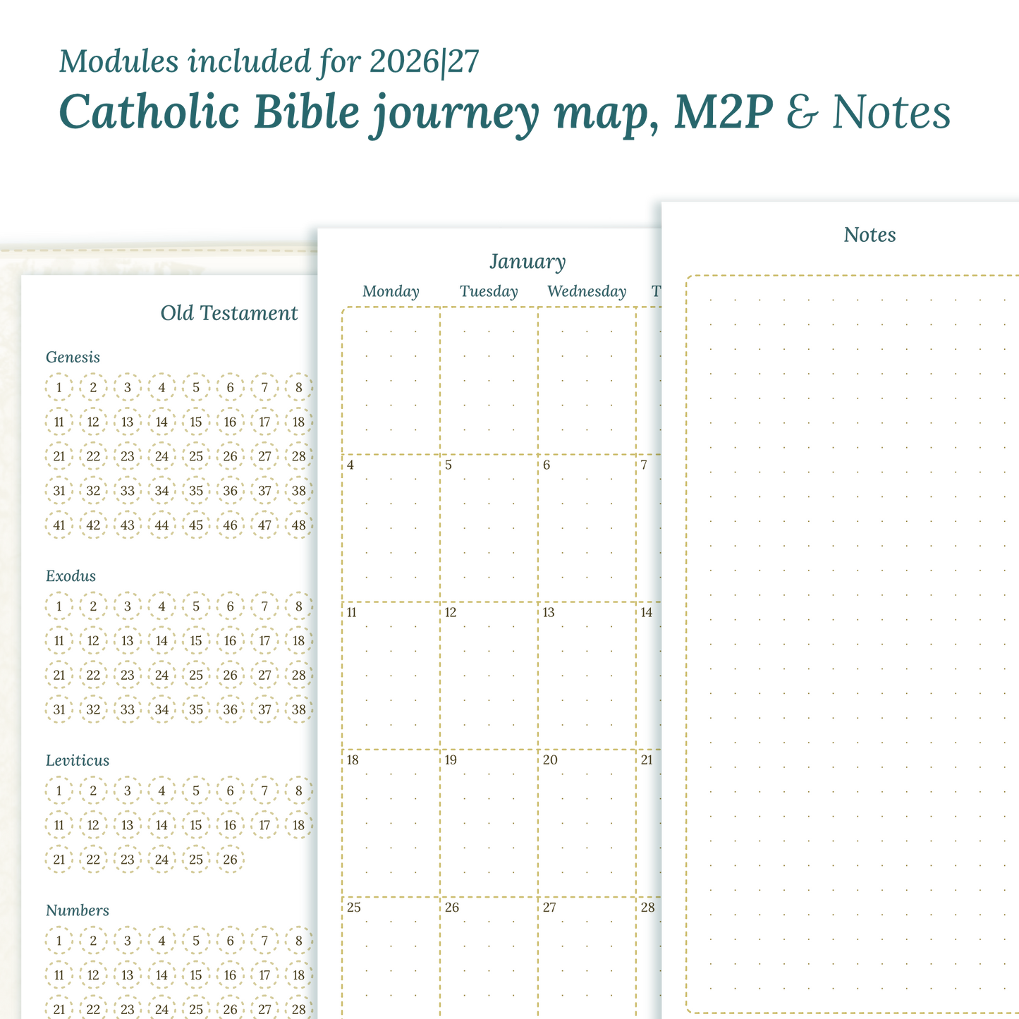Printable Catholic Bible study kit inserts with modules for the years 2026 and 2027 featuring a Catholic Bible journey map, M2P Month weeks on 2 pages and a notes.