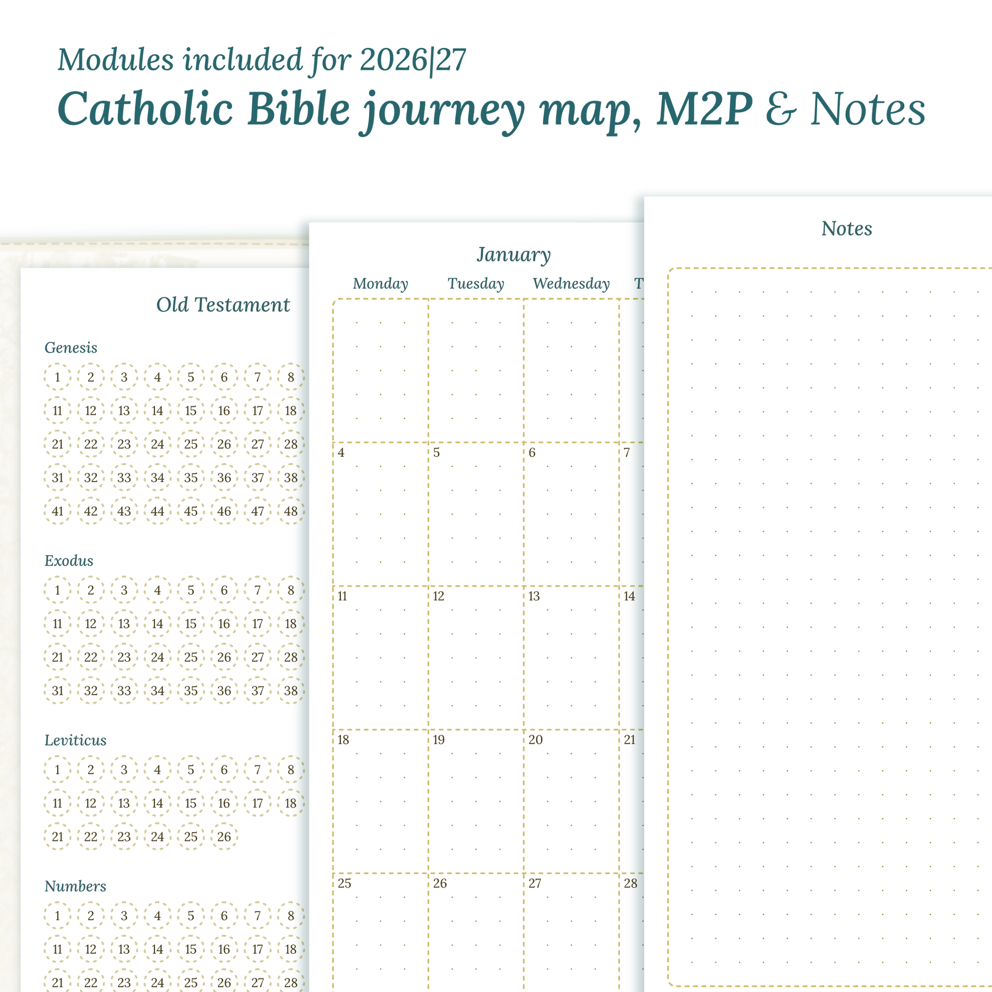 Printable Catholic Bible study kit inserts with modules for the years 2026 and 2027 featuring a Catholic Bible journey map, M2P Month weeks on 2 pages and a notes.
