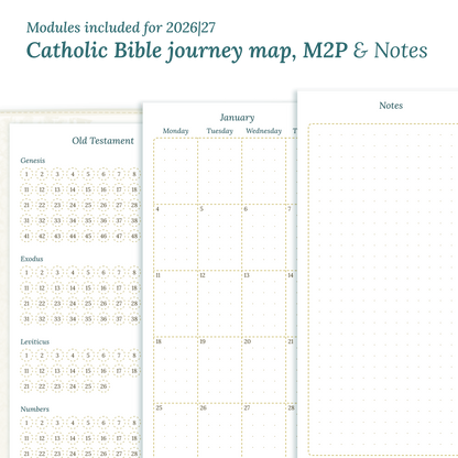 Printable Catholic Bible study kit inserts with modules for the years 2026 and 2027 featuring a Catholic Bible journey map, M2P Month weeks on 2 pages and a notes.