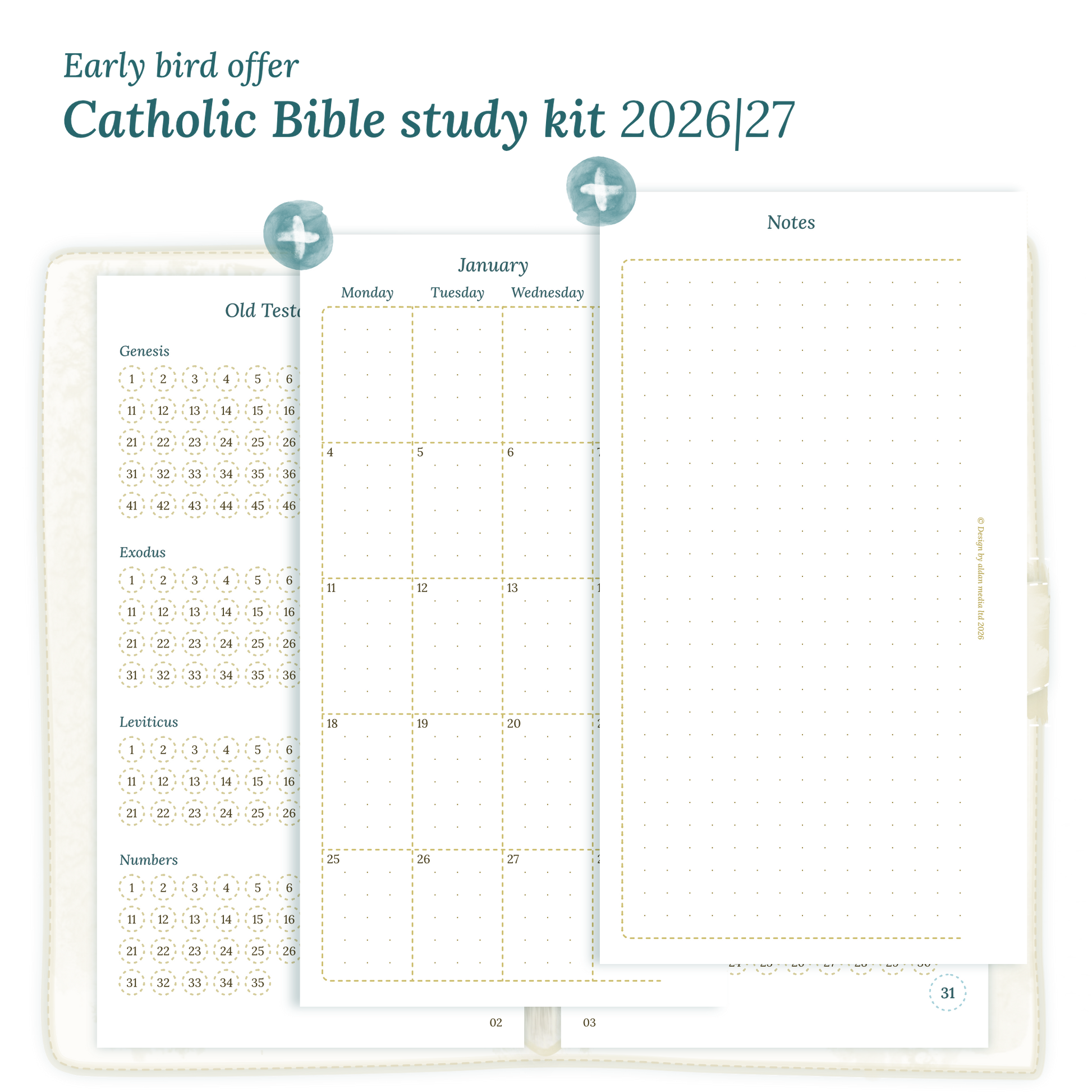 Printable Catholic Bible study kit including modules for 2026 and 2027 for Personal size 6 ring binder planner.