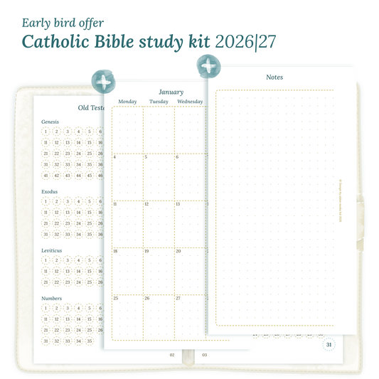Printable Catholic Bible study kit including modules for 2026 and 2027 for Personal size 6 ring binder planner.
