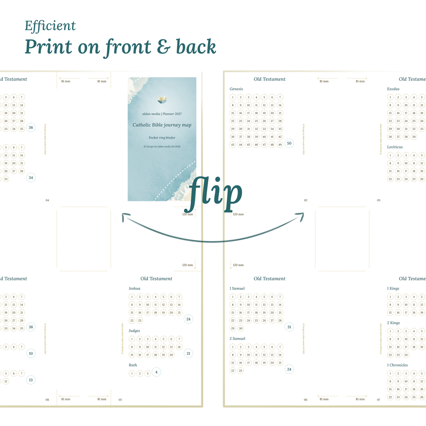 Calendar design with a lake map illustration and text indicating efficient printing on front and back of the A4 page Pocket size for 6 ring binder.