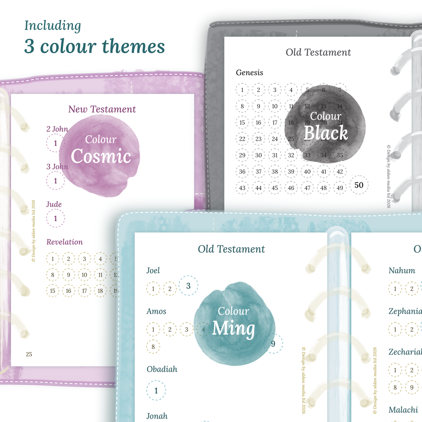 Three colour variants of the Catholic Bible study kit designs with colour themes 'Cosmic', 'Black', and 'Ming' displayed to show how they look like on the modules Catholic Bible journey map and M2P Month on 2 pages in Pocket size for 6 ring planner.