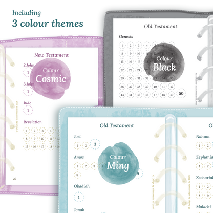 Three colour variants of the Catholic Bible study kit designs with colour themes 'Cosmic', 'Black', and 'Ming' displayed to show how they look like on the modules Catholic Bible journey map and M2P Month on 2 pages in Pocket size for 6 ring planner.