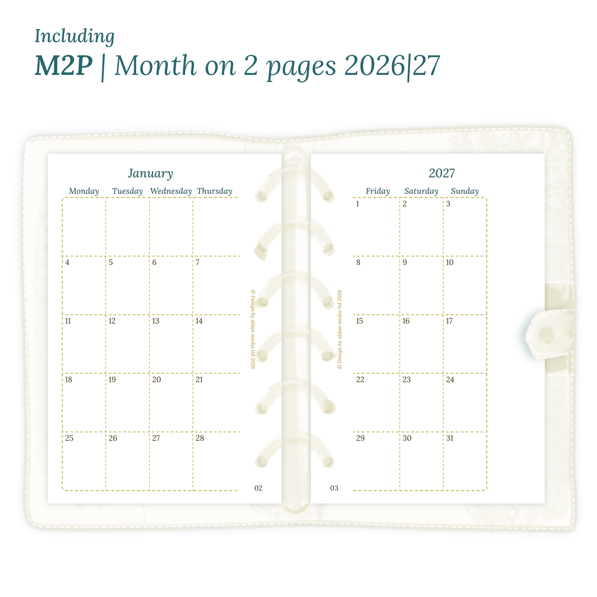 Open planner showing details of the PDF printable planner inserts module M2P month on 2 pages for January 2026 till December 2027 in Pocket size for 6 ring planner.