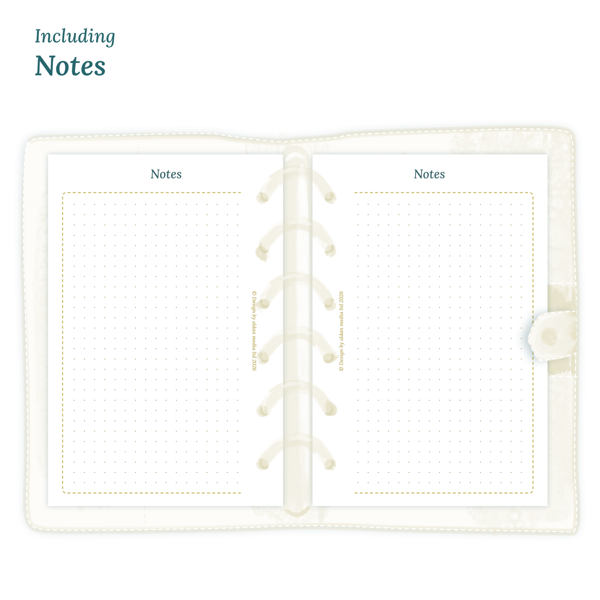 Open planner showing details of the PDF printable planner inserts module Notes for 2027 in Pocket size for 6 ring planner.