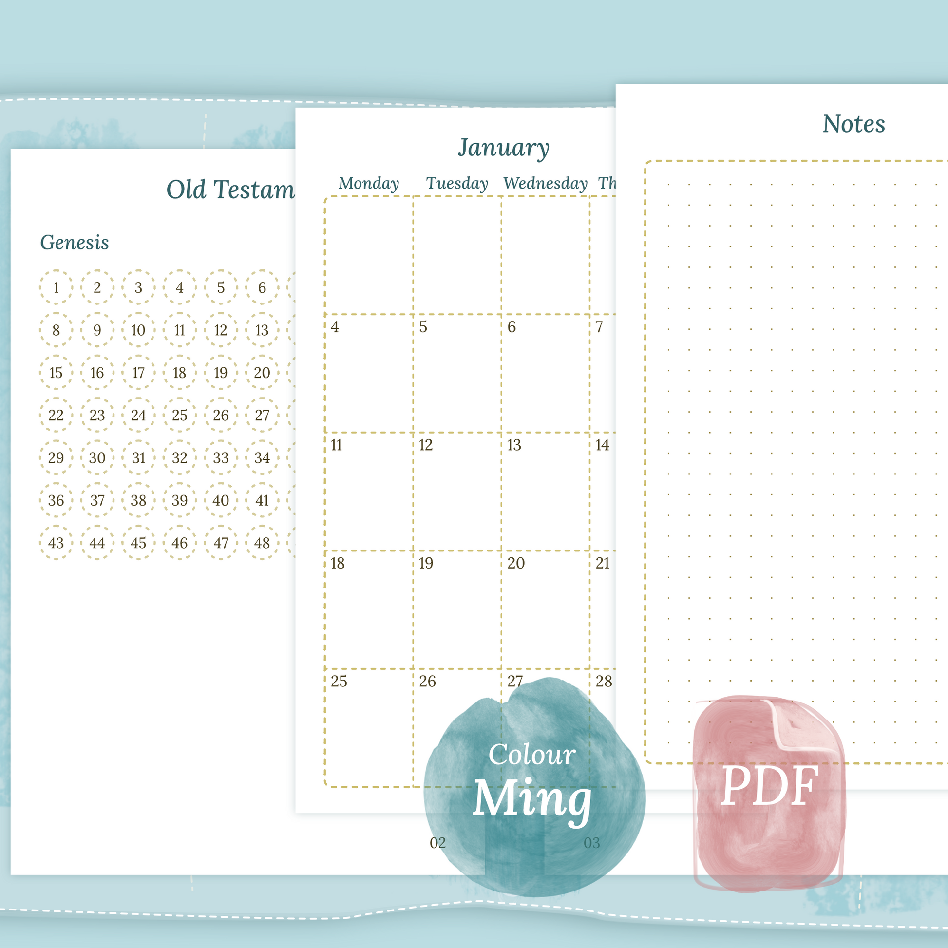 Examples featuring the PDF printable Catholic Bible study kit inserts modules Catholic Bible journey map, M2P Month on 2 pages and Notes in the colour Ming/Blue.