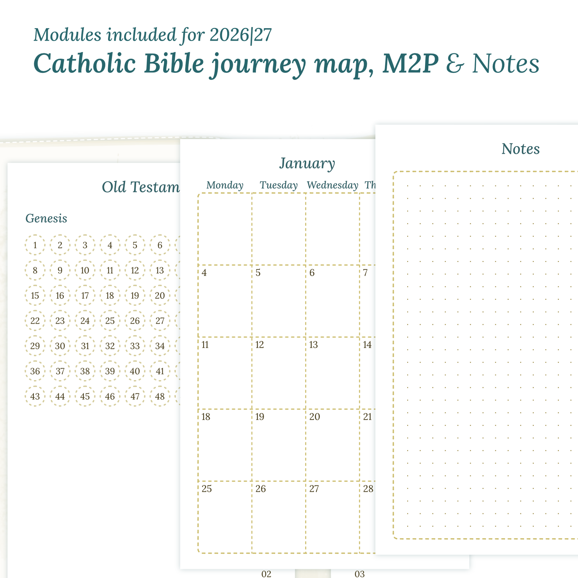 Printable Catholic Bible study kit inserts with modules for the years 2026 and 2027 featuring a Catholic Bible journey map, M2P Month weeks on 2 pages and a notes.