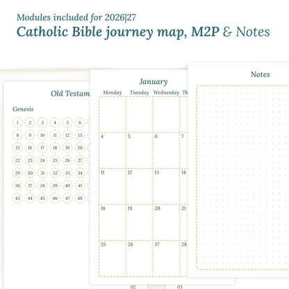 Printable Catholic Bible study kit inserts with modules for the years 2026 and 2027 featuring a Catholic Bible journey map, M2P Month weeks on 2 pages and a notes.