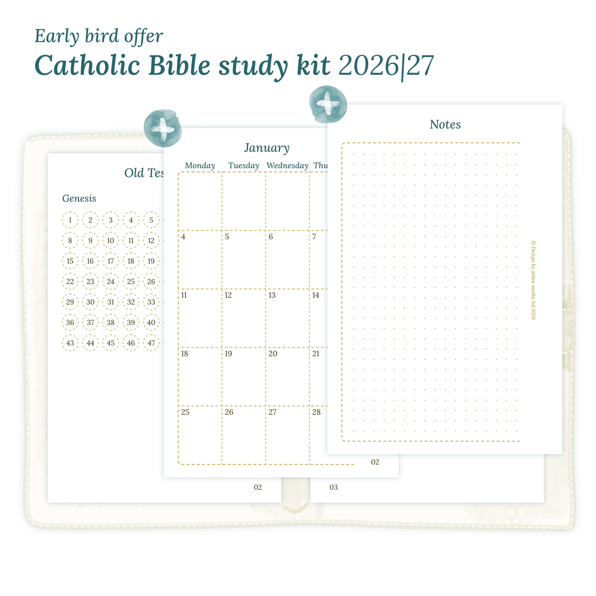 Printable Catholic Bible study kit including modules for 2026 and 2027 for Pocket size 6 ring binder planner.