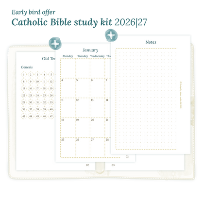 Printable Catholic Bible study kit including modules for 2026 and 2027 for Pocket size 6 ring binder planner.