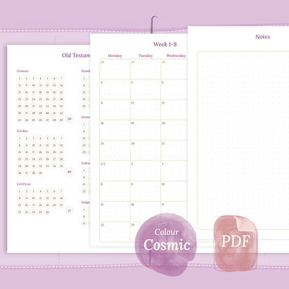 Examples featuring the PDF printable Catholic Bible study kit inserts modules Catholic Bible journey map, 9W2P 9 weeks on 2 pages and Notes in the colour Cosmic/Raspberry.