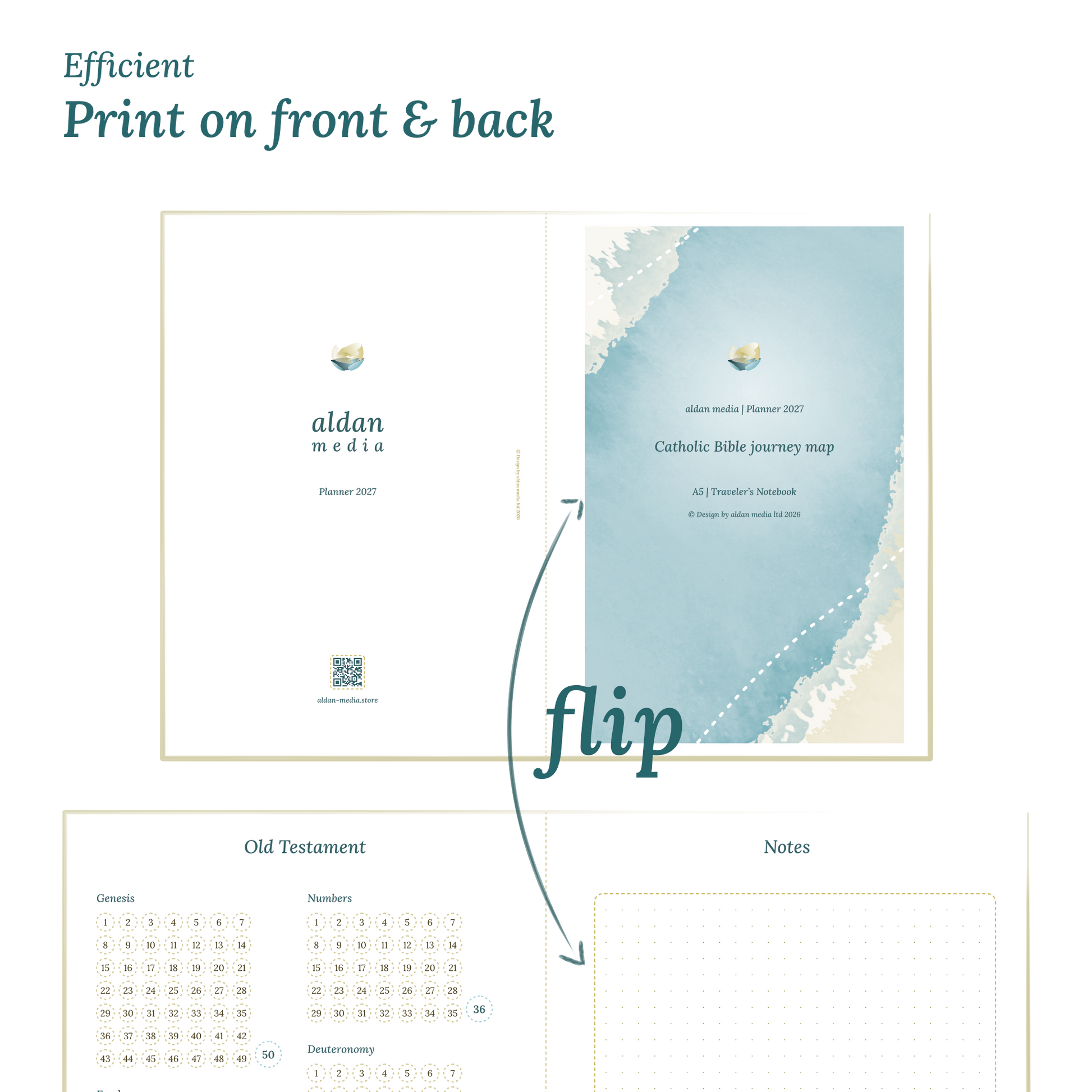 Calendar design with a lake map illustration and text indicating efficient printing on front and back of the A4 page.