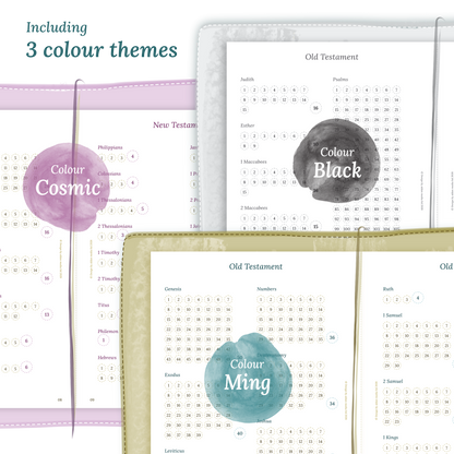Three colour variants of the Catholic Bible study kit designs with colour themes 'Cosmic', 'Black', and 'Ming' displayed to show how they look like on the modules Catholic Bible journey map.