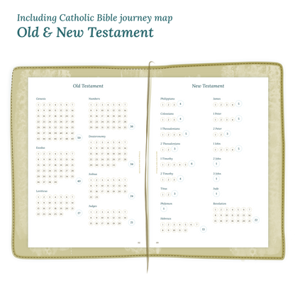 Open planner showing details of the printable planner inserts module Catholic Bible journey map featuring the Old & New Testament.