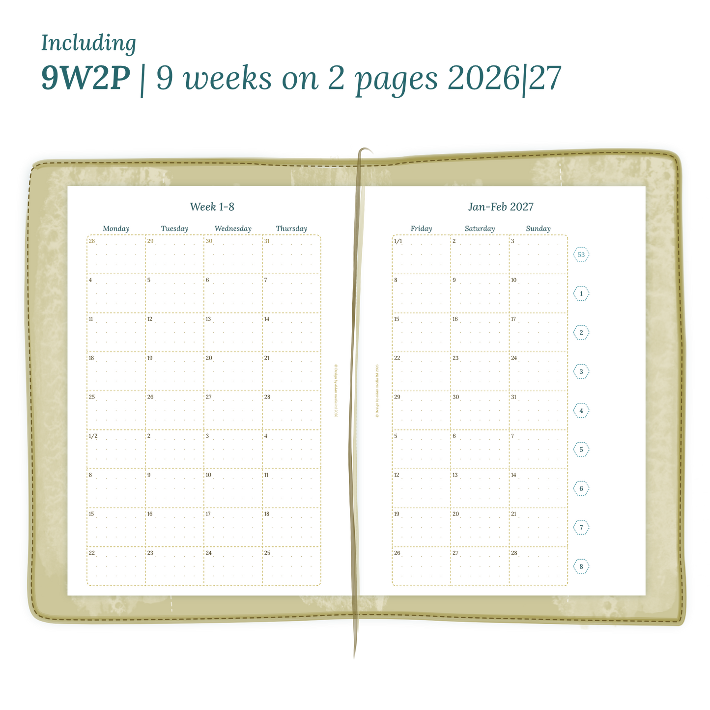 Open planner showing details of the printable planner inserts module 9W2P 9 weeks on 2 pages for January 2026 till December 2027.