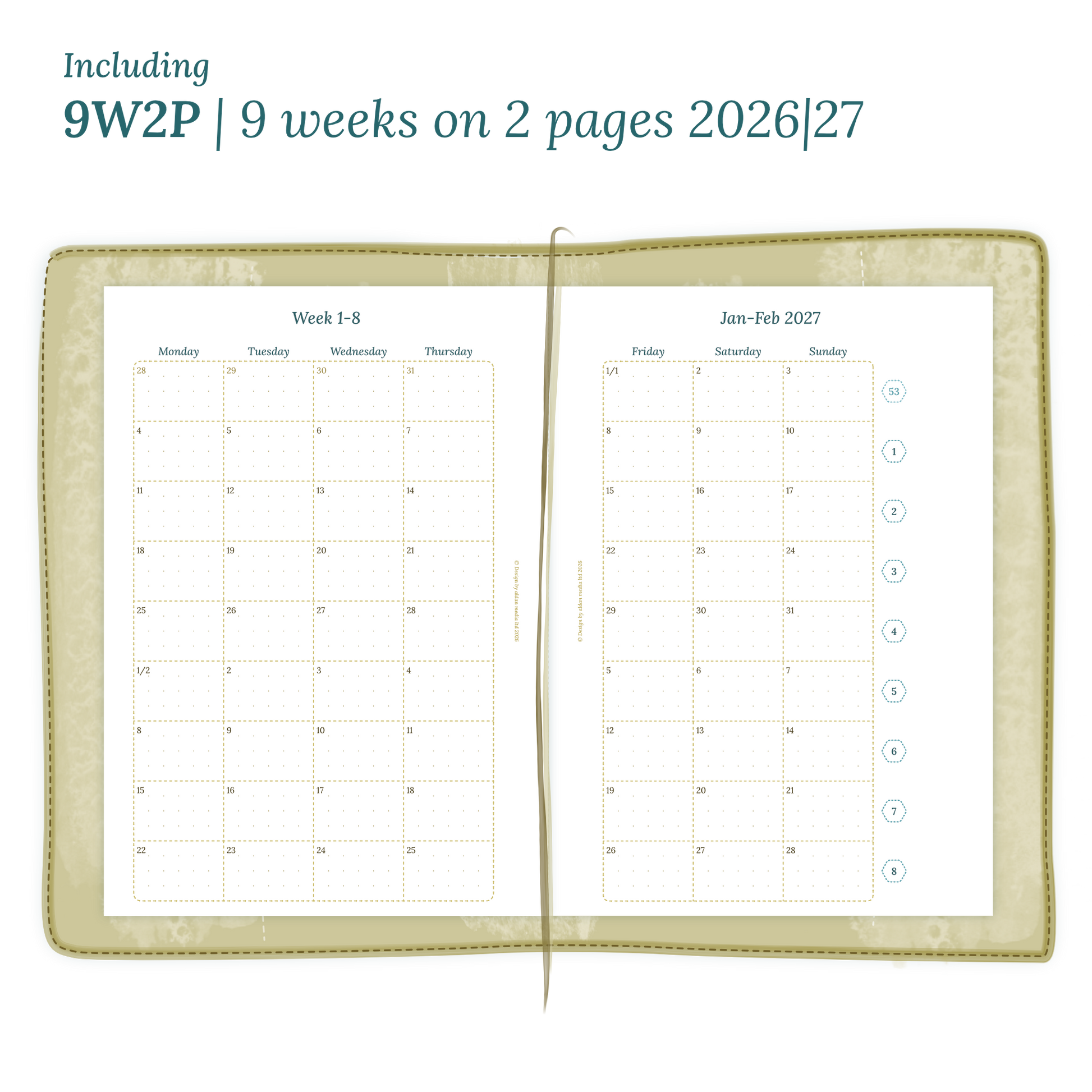 Open planner showing details of the printable planner inserts module 9W2P 9 weeks on 2 pages for January 2026 till December 2027.