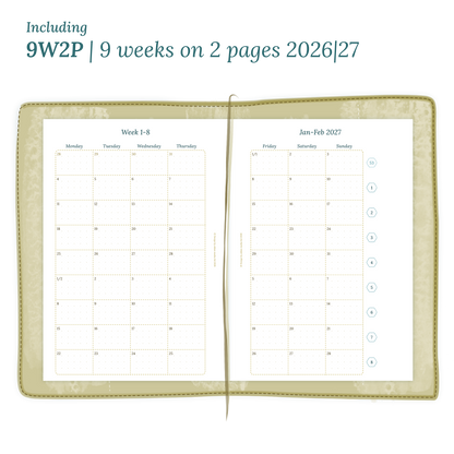Open planner showing details of the printable planner inserts module 9W2P 9 weeks on 2 pages for January 2026 till December 2027.