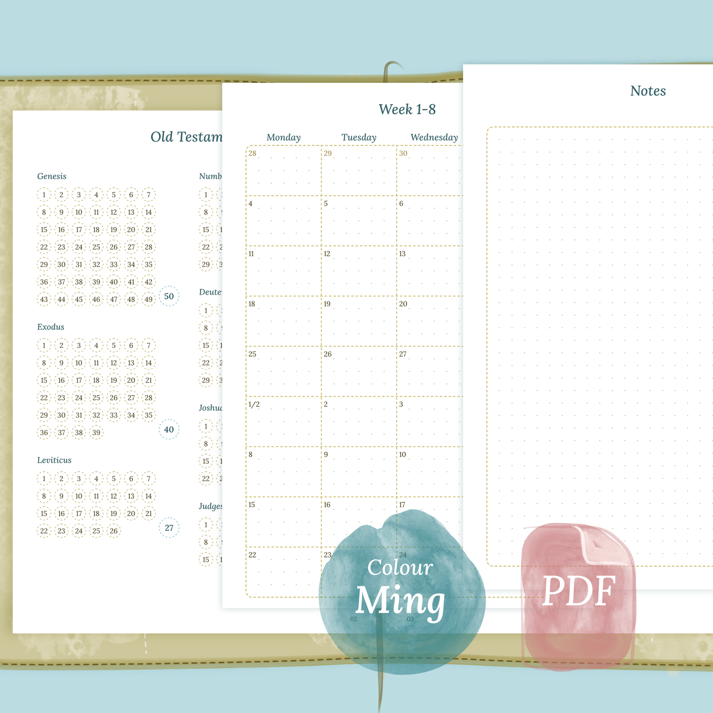 Examples featuring the PDF printable Catholic Bible study kit inserts modules Catholic Bible journey map, 9W2P 9 weeks on 2 pages and Notes in the colour Ming/Blue.