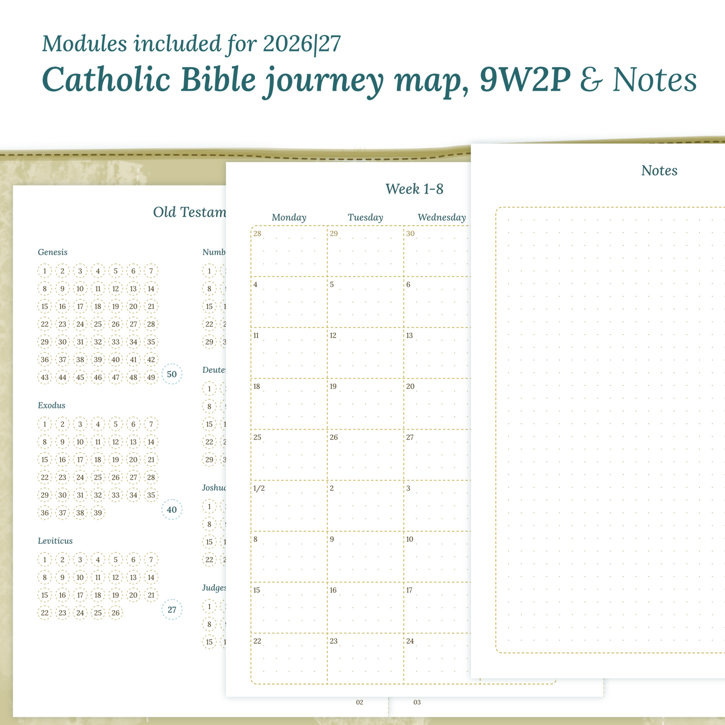 Printable Catholic Bible study kit inserts with modules for the years 2026 and 2027 featuring a Catholic Bible journey map, 9W2P 9 weeks on 2 pages and a notes.