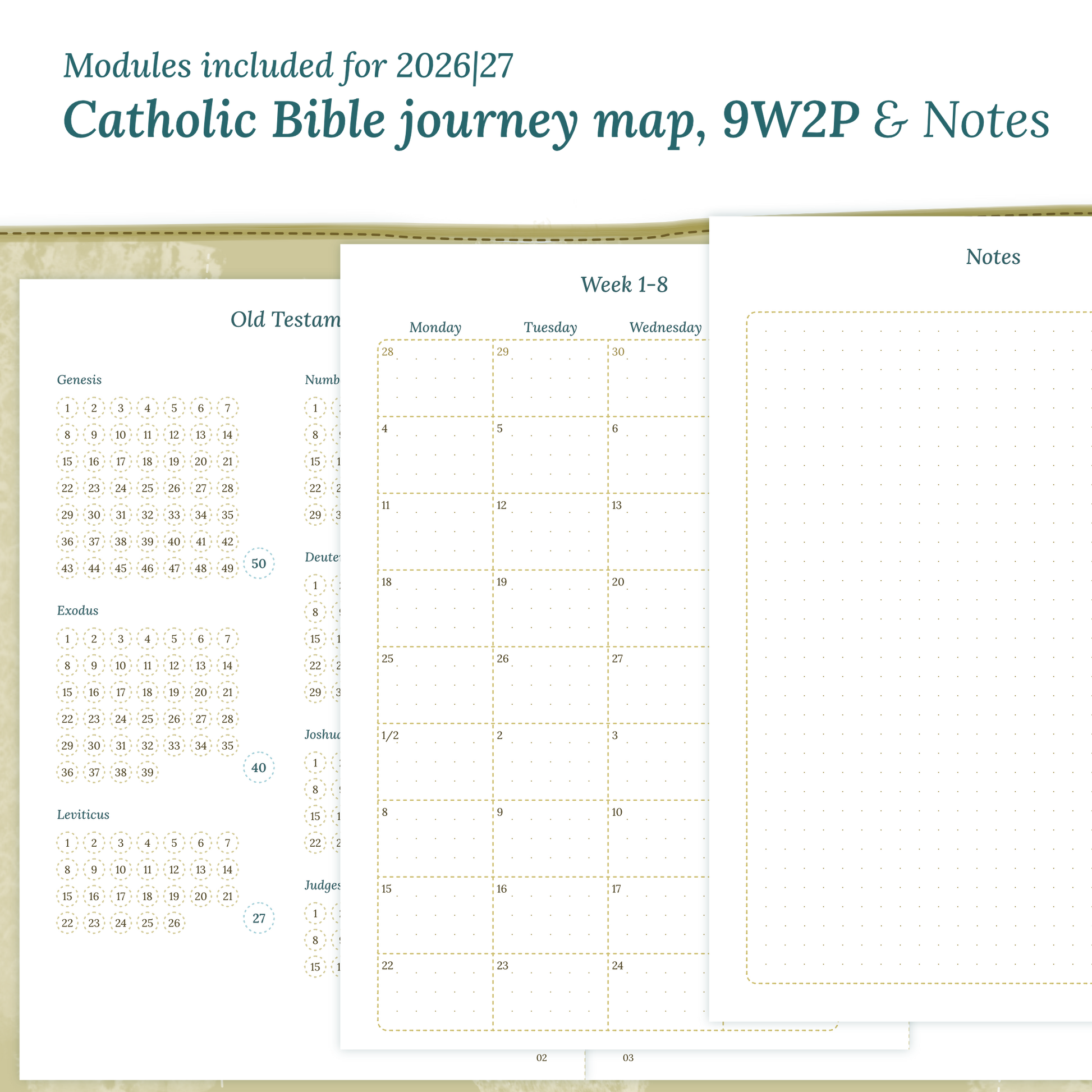 Printable Catholic Bible study kit inserts with modules for the years 2026 and 2027 featuring a Catholic Bible journey map, 9W2P 9 weeks on 2 pages and a notes.