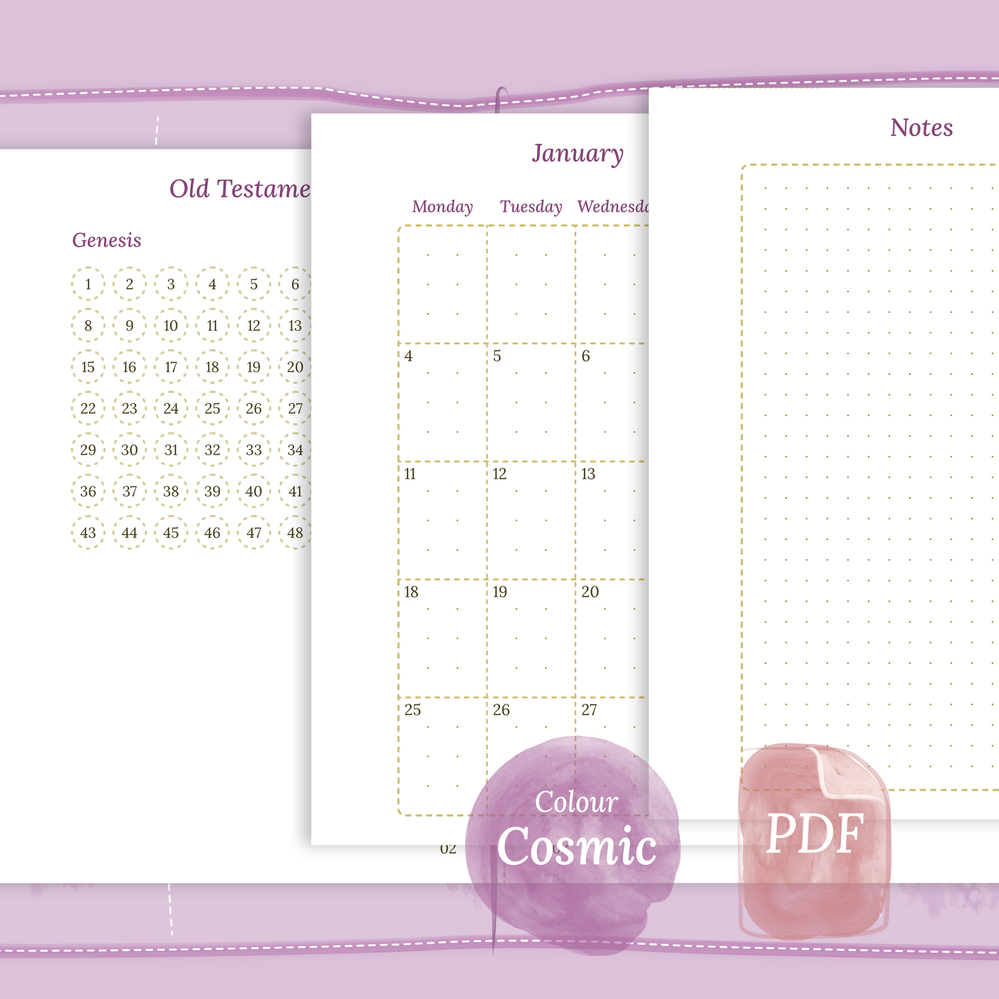 Examples featuring the PDF printable Catholic Bible study kit inserts modules Catholic Bible journey map, M2P Month on 2 pages and Notes in the colour Cosmic/Raspberry in Passport size for Traveler's Notebook planner.