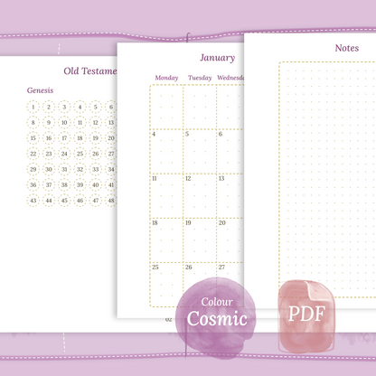 Examples featuring the PDF printable Catholic Bible study kit inserts modules Catholic Bible journey map, M2P Month on 2 pages and Notes in the colour Cosmic/Raspberry in Passport size for Traveler's Notebook planner.