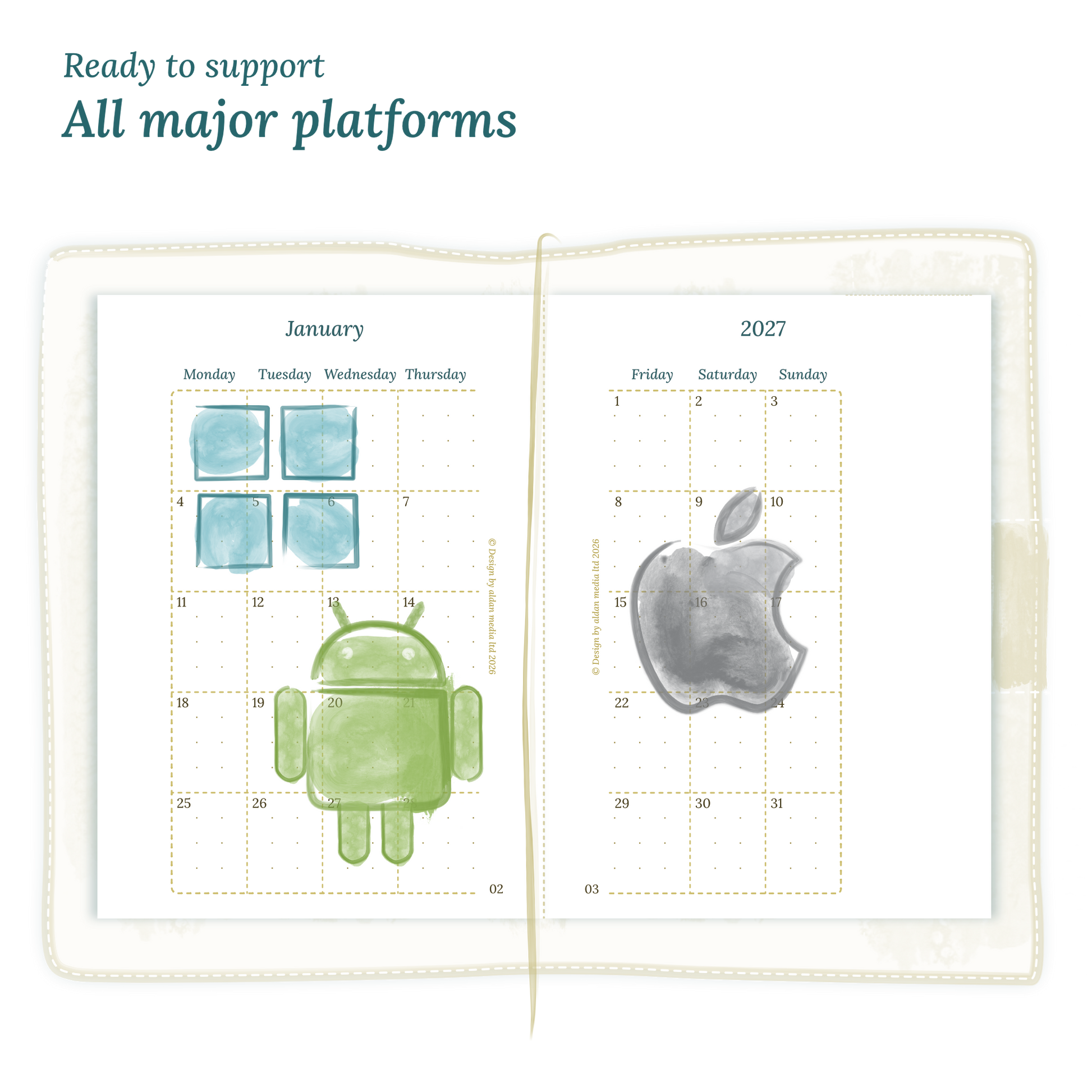Open planner calendar insert with Windows, Android and Apple logos on a white background to show what operating systems are supported by our PDF printables.