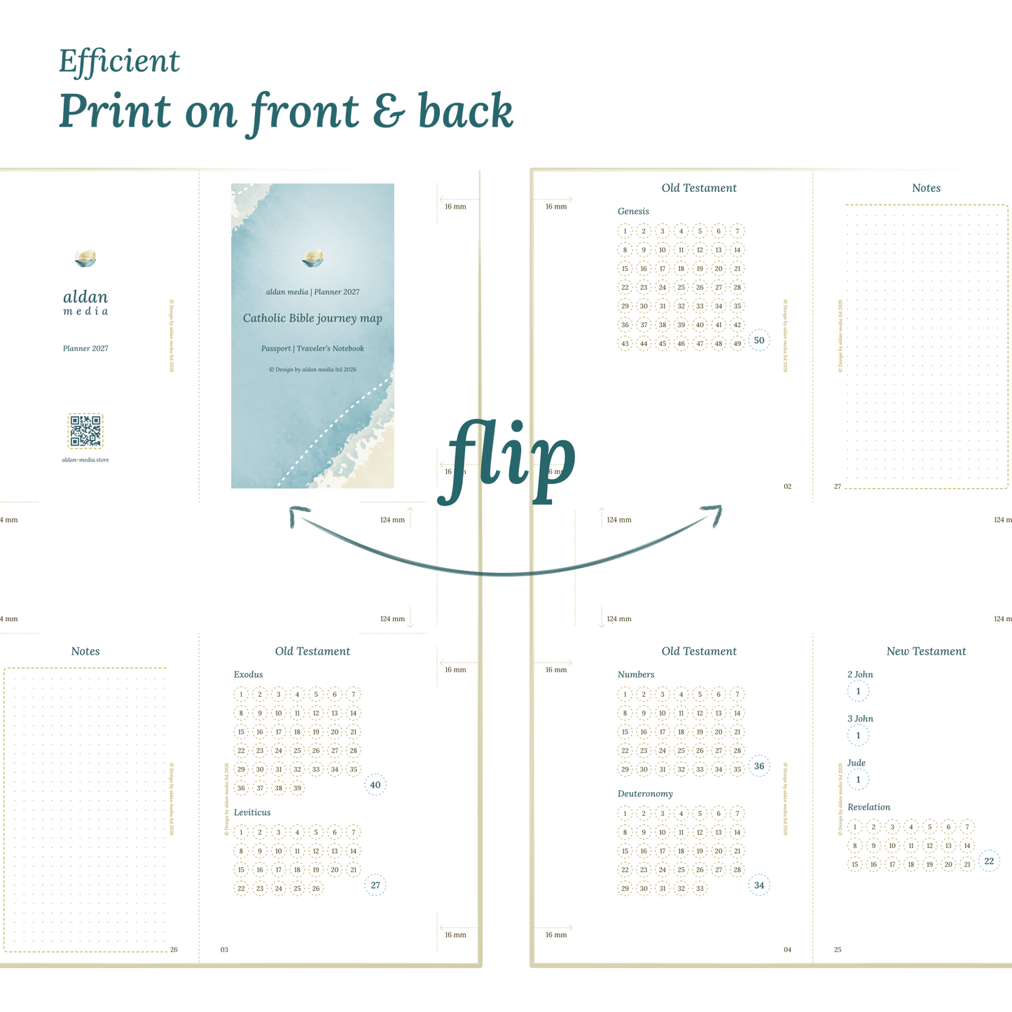 Calendar design with a lake map illustration and text indicating efficient printing on front and back of the A4 page Passport size for Traveler's Notebook.