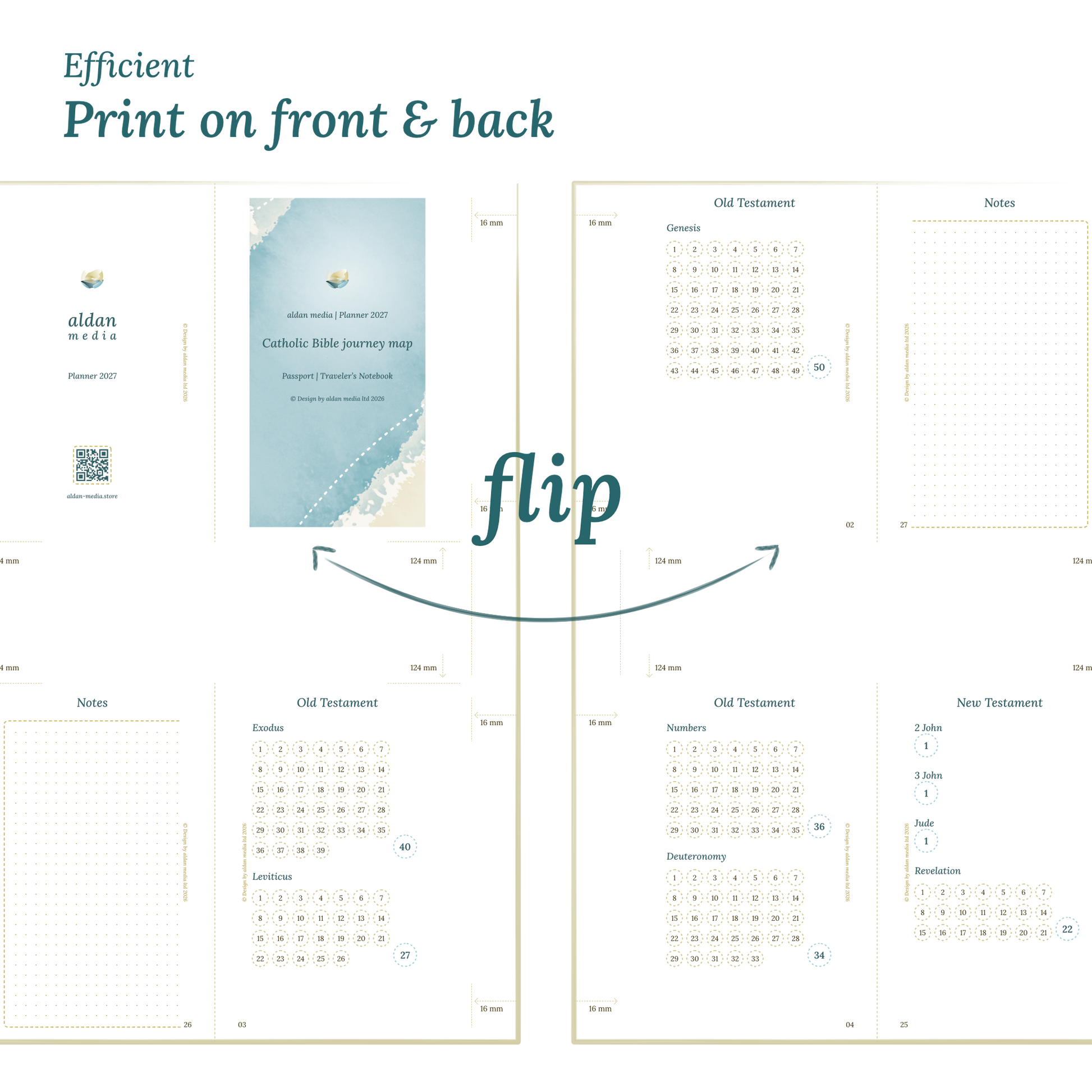Calendar design with a lake map illustration and text indicating efficient printing on front and back of the A4 page Passport size for Traveler's Notebook.