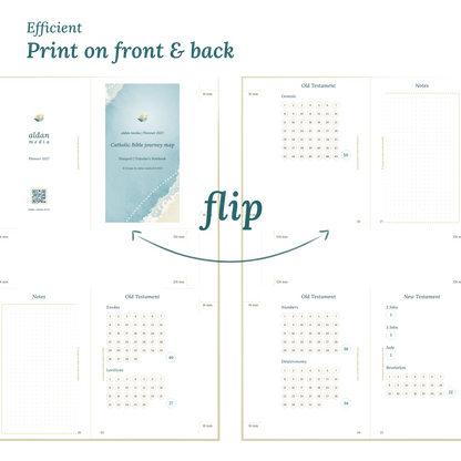 Calendar design with a lake map illustration and text indicating efficient printing on front and back of the A4 page Passport size for Traveler's Notebook.