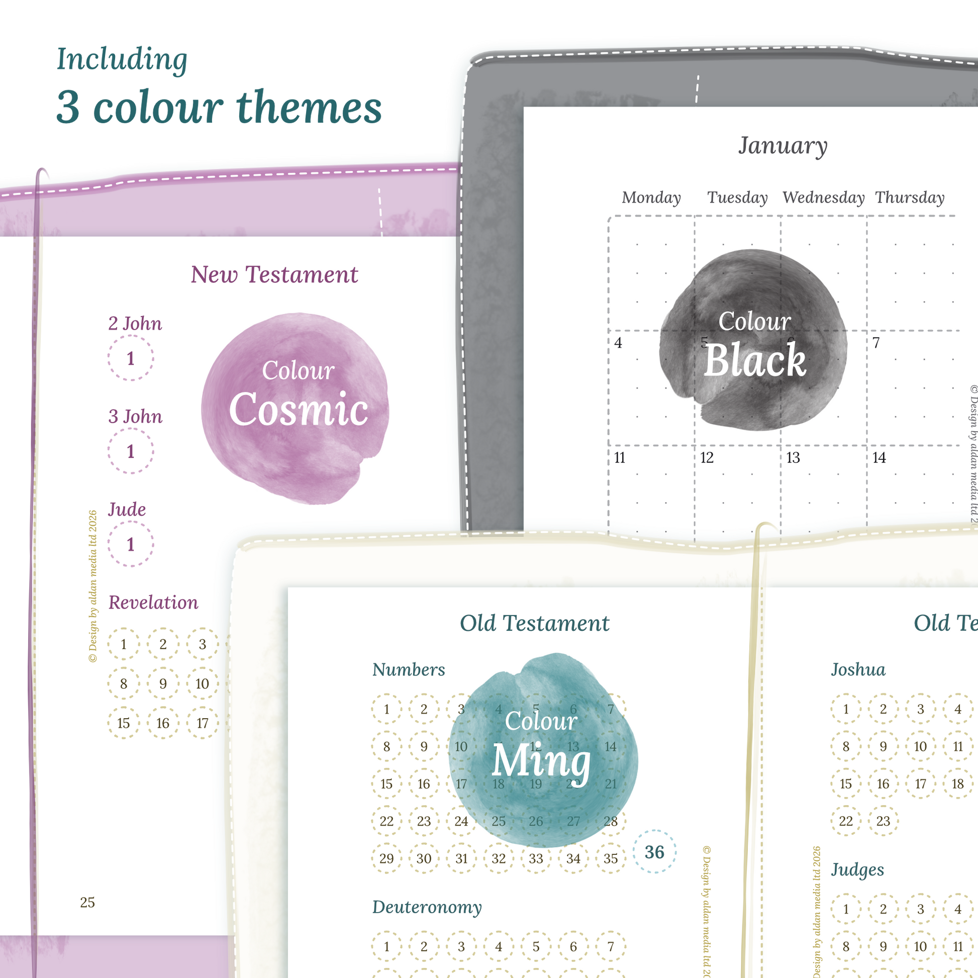 Three colour variants of the Catholic Bible study kit designs with colour themes 'Cosmic', 'Black', and 'Ming' displayed to show how they look like on the modules Catholic Bible journey map and M2P Month on 2 pages in Passport size for Traveler's Notebook planner.