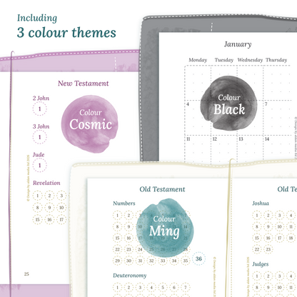 Three colour variants of the Catholic Bible study kit designs with colour themes 'Cosmic', 'Black', and 'Ming' displayed to show how they look like on the modules Catholic Bible journey map and M2P Month on 2 pages in Passport size for Traveler's Notebook planner.