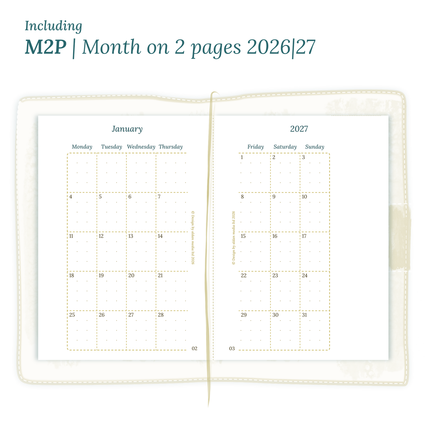 Open planner showing details of the PDF printable planner inserts module M2P month on 2 pages for January 2026 till December 2027 in Passport size for Traveler's Notebook planner.