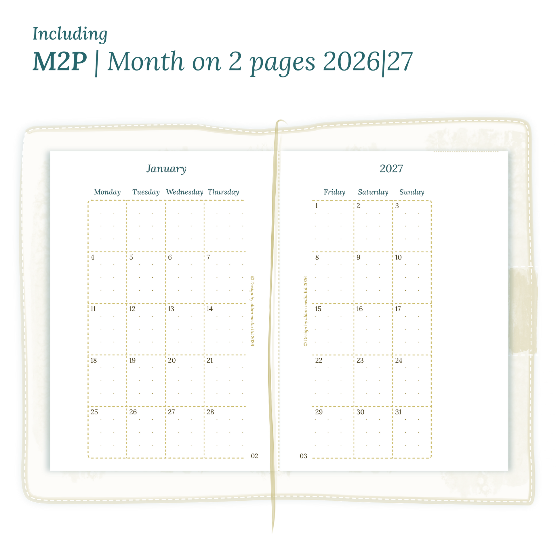 Open planner showing details of the PDF printable planner inserts module M2P month on 2 pages for January 2026 till December 2027 in Passport size for Traveler's Notebook planner.