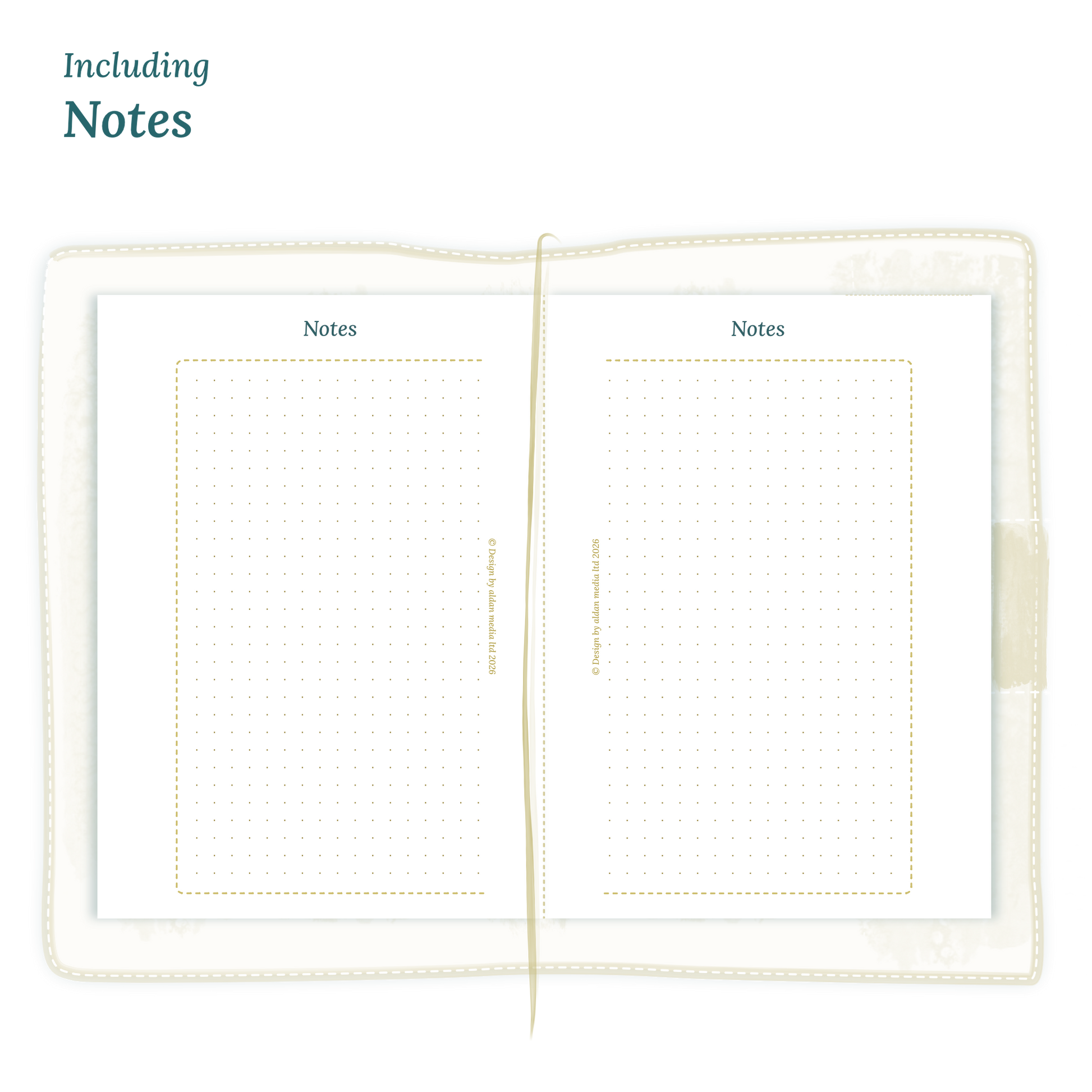 Open planner showing details of the PDF printable planner inserts module Notes for 2027 in Passport size for Traveler's Notebook planner.