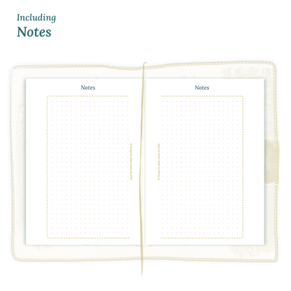 Open planner showing details of the PDF printable planner inserts module Notes for 2027 in Passport size for Traveler's Notebook planner.