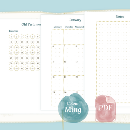 Examples featuring the PDF printable Catholic Bible study kit inserts modules Catholic Bible journey map, M2P Month on 2 pages and Notes in the colour Ming/Blue.
