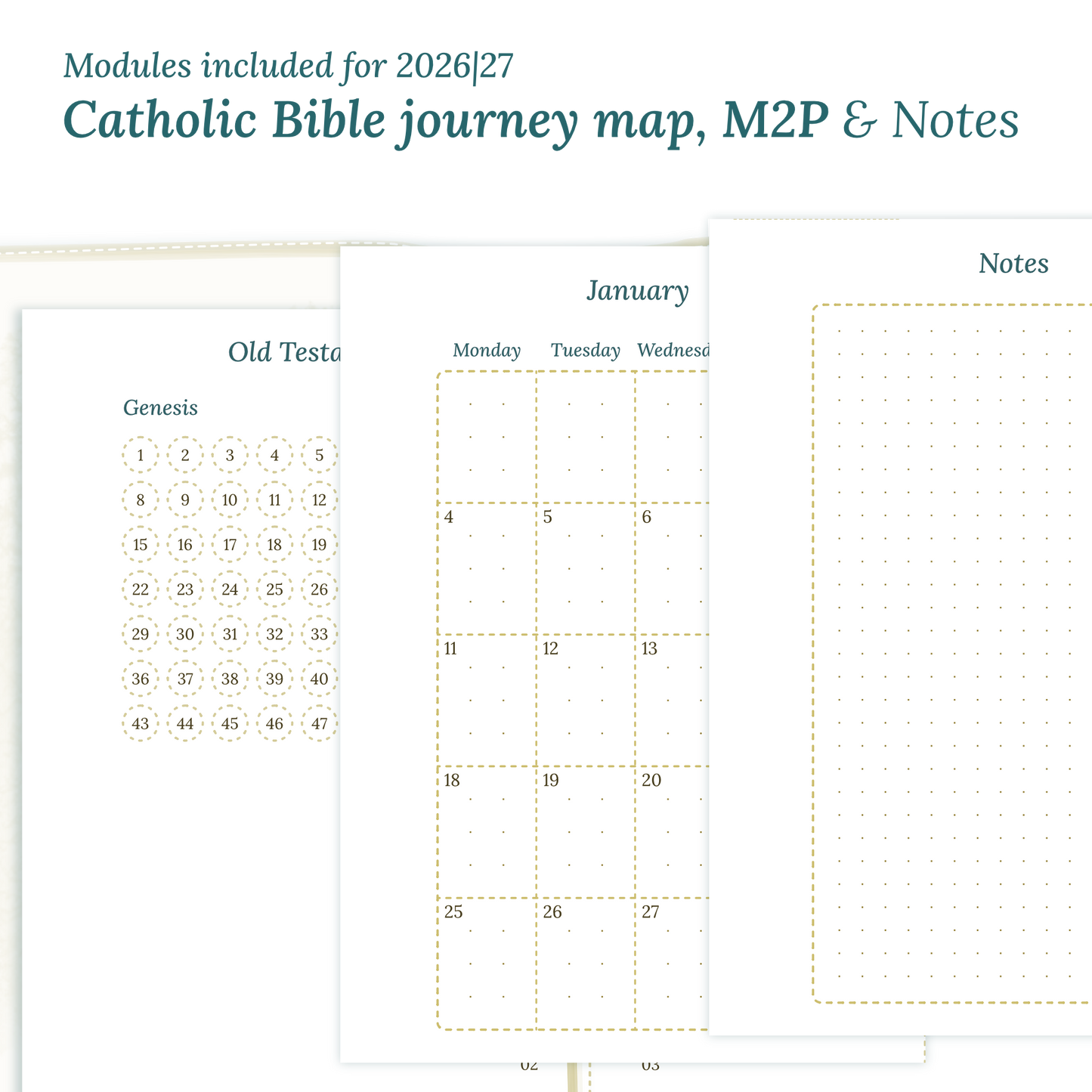 PDF Printable Catholic Bible study kit inserts with modules for the years 2026 and 2027 featuring a Catholic Bible journey map, M2P Month weeks on 2 pages and a notes.