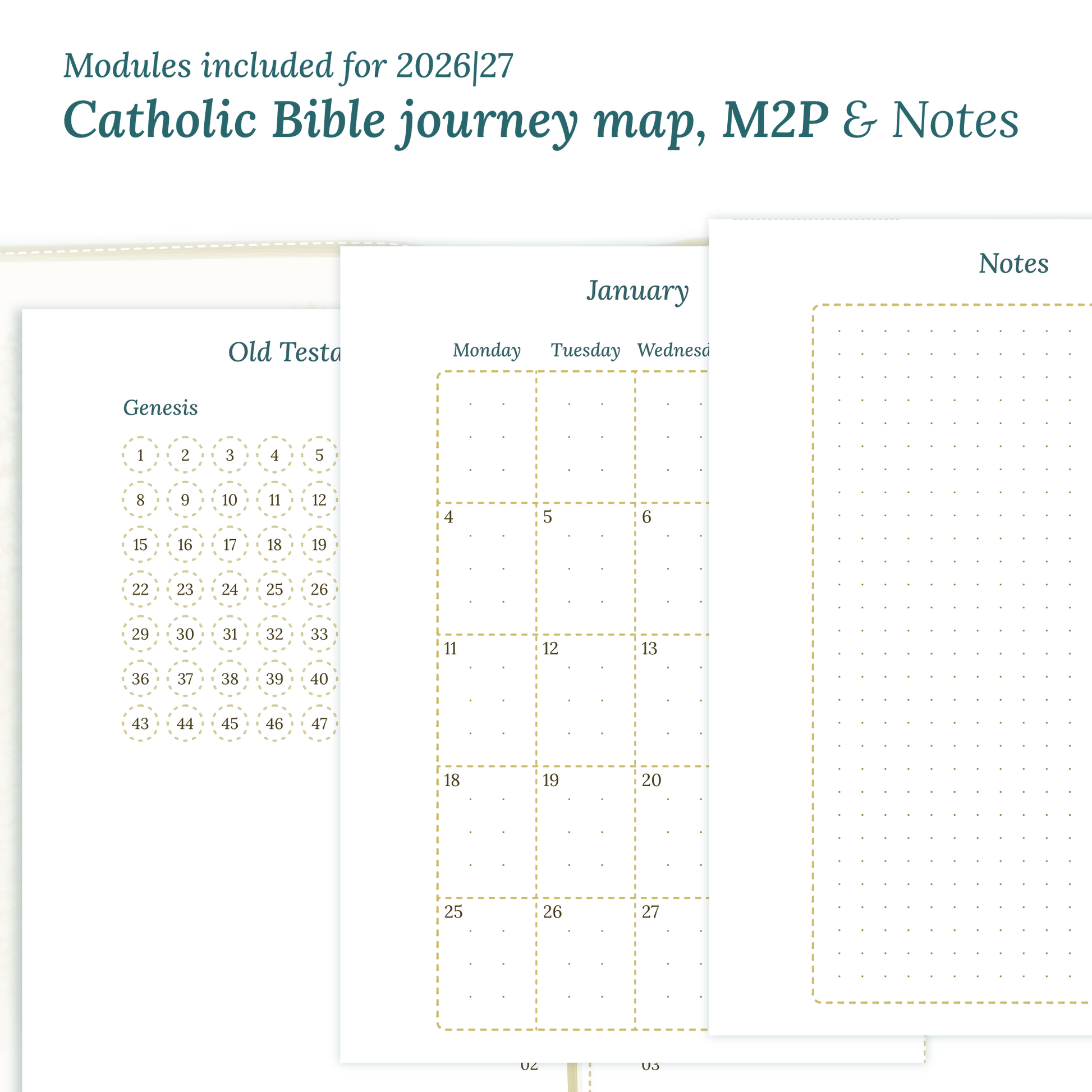 PDF Printable Catholic Bible study kit inserts with modules for the years 2026 and 2027 featuring a Catholic Bible journey map, M2P Month weeks on 2 pages and a notes.