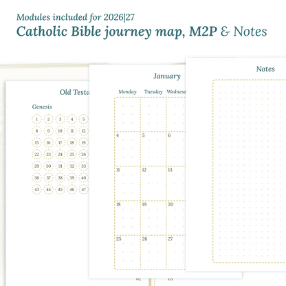 PDF Printable Catholic Bible study kit inserts with modules for the years 2026 and 2027 featuring a Catholic Bible journey map, M2P Month weeks on 2 pages and a notes.