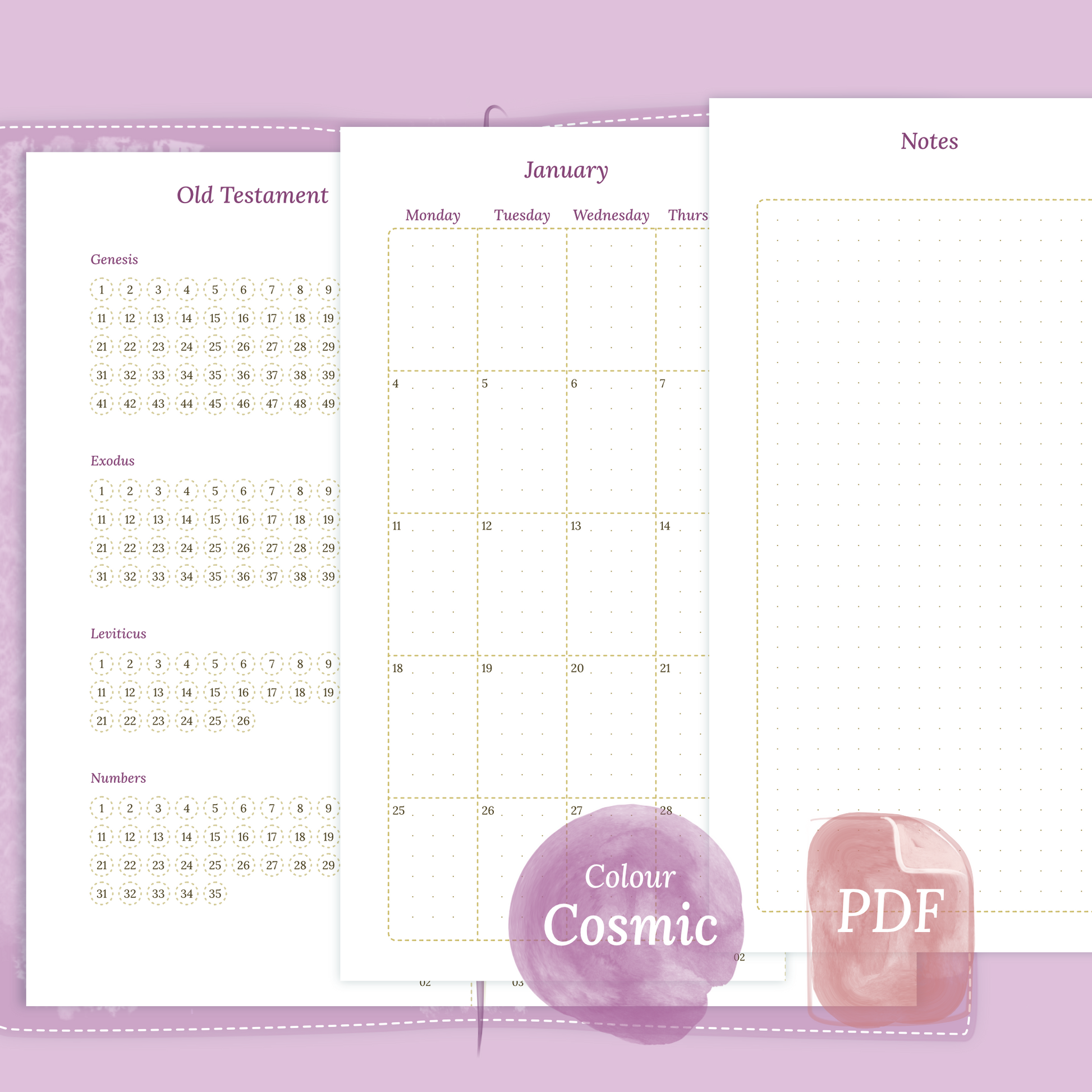 Examples featuring the PDF printable Catholic Bible study kit inserts modules Catholic Bible journey map, M2P Month on 2 pages and Notes in the colour Cosmic/Raspberry in Standard size for Traveler's Notebook planner.